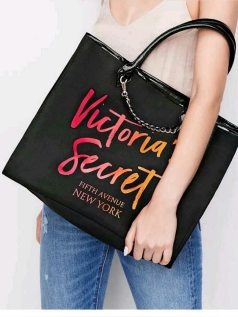 Victoria's Secret Black Tote with Pink and Orange Script